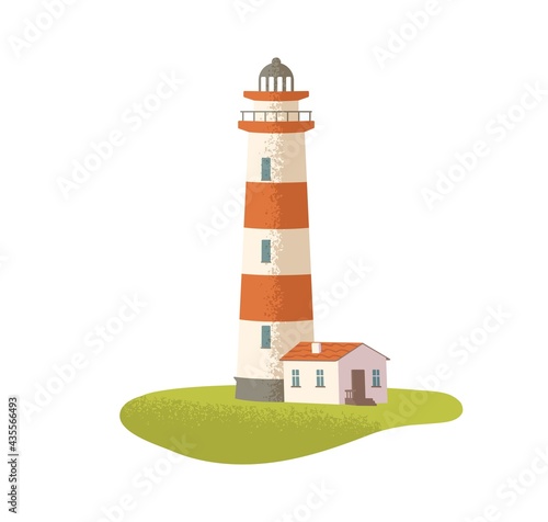 Coastal lighthouse. Nautical light house. Maritime navigation beacon. Seaside security tower. Sea port building. Colored flat vector illustration isolated on white background