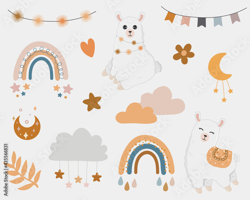 Vector  boho clipart for nursery decoration with cute rainbows, moon, alpaca, llama, cloud, stars. Modern illustration. Perfect for baby shower, birthday, children's party.