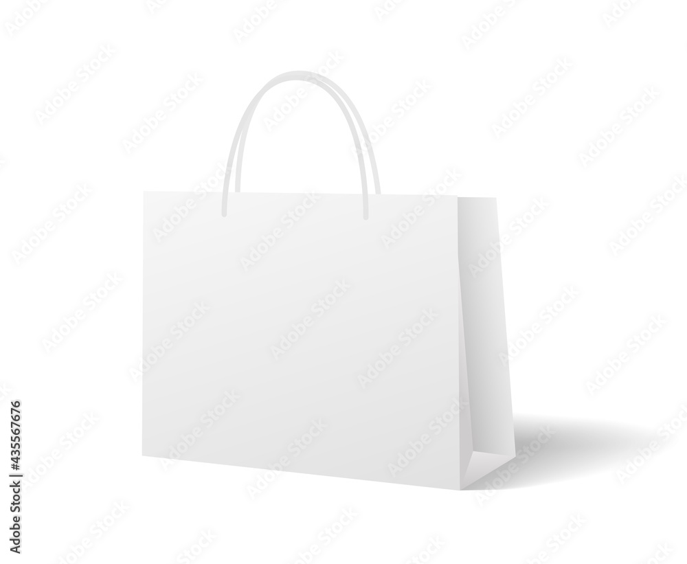 White shopping bag (plastic or paper bag) isolated on white background. Blank vector mockup design useful for shop merchandise, delivery, selling White shopping bag (plastic or paper bag) isolated on white background. Blank vector mockup design useful for shop merchandise, delivery, selling