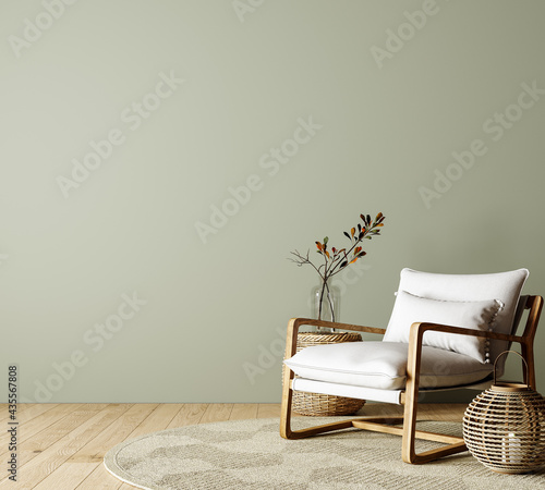 Fototapeta Naklejka Na Ścianę i Meble -  Modern interior design of living room with armchair and empty green mock up wall background 3D Rendering, 3D Illustration	
