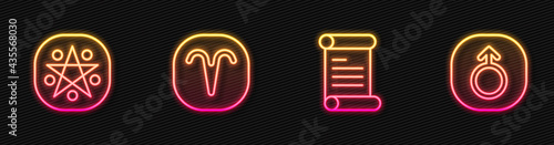 Set line Decree, parchment, scroll, Pentagram in circle, Aries zodiac and Mars. Glowing neon icon. Vector