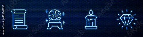 Set line Burning candle, Decree, parchment, scroll, Magic ball and Diamond. Glowing neon icon on brick wall. Vector