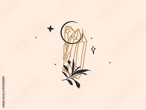Hand drawn vector abstract stock flat graphic illustration with logo element,bohemian magic line art of crystal,crescent and leaves silhouette in simple style for branding,isolated on color background