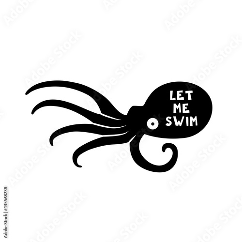 Octopus. Underwater creature, animal. Black silhouette with lettering. Cut board template.