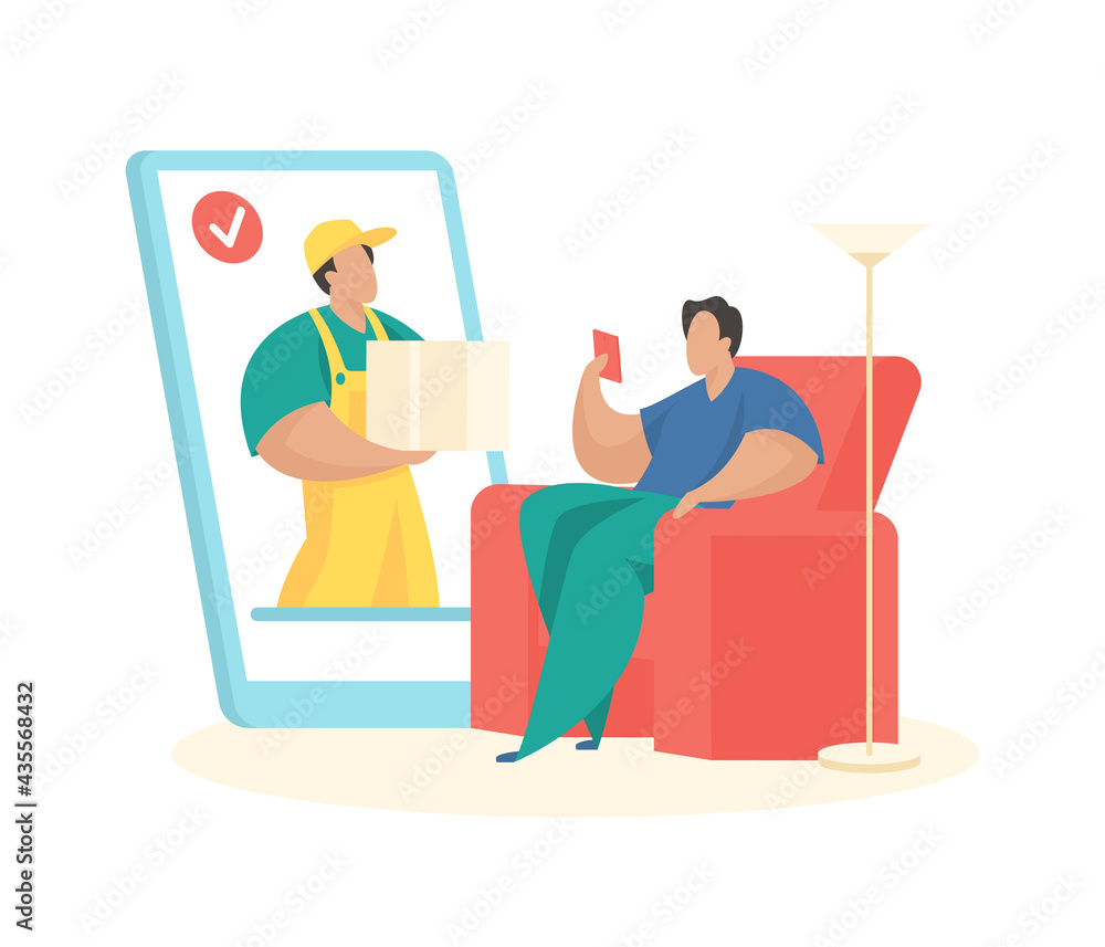Online order with fast delivery. Male character makes purchase on smartphone. Convenient ordering from home and office. Web notification arrival courier with goods. Vector flat illustration Online order with fast delivery. Male character makes purchase on smartphone. Convenient ordering from home and office. Web notification arrival courier with goods. Vector flat illustration