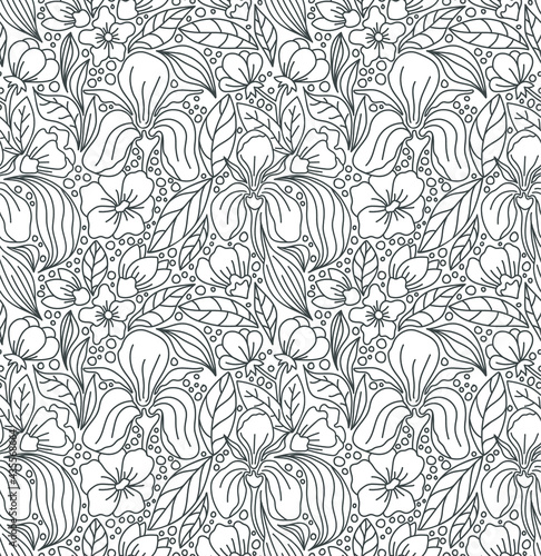 Line drawn vector seamless pattern. Herbs and flowers of iris  loach and buds of various plants. Coloring book-antistress and zen doodles for creativity