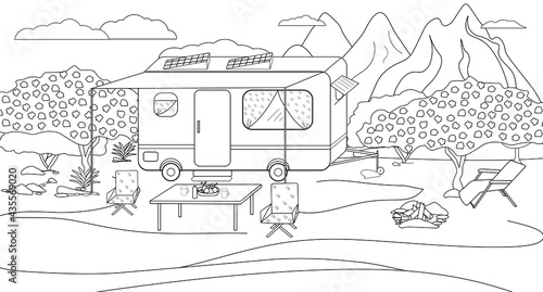 Residential trailer trailer coloring book for family travel. Illustration of a parking lot for a motorhome on the background of a mountain landscape . Suitable for page design, book design, decoration
