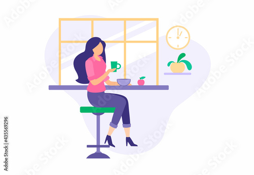 Girl having lunch during break in cozy dining room. Beautiful girl in suit drinks coffee while sitting bar stool. Hot nutrition soup bowl and fresh sweet apple. Cartoon vector illustration