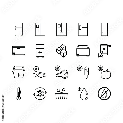 Refrigerator flat line icons set. Freezer, Cold food storage, frige, coolbox. Simple flat vector illustration for store, web site or mobile app. Editable stroke