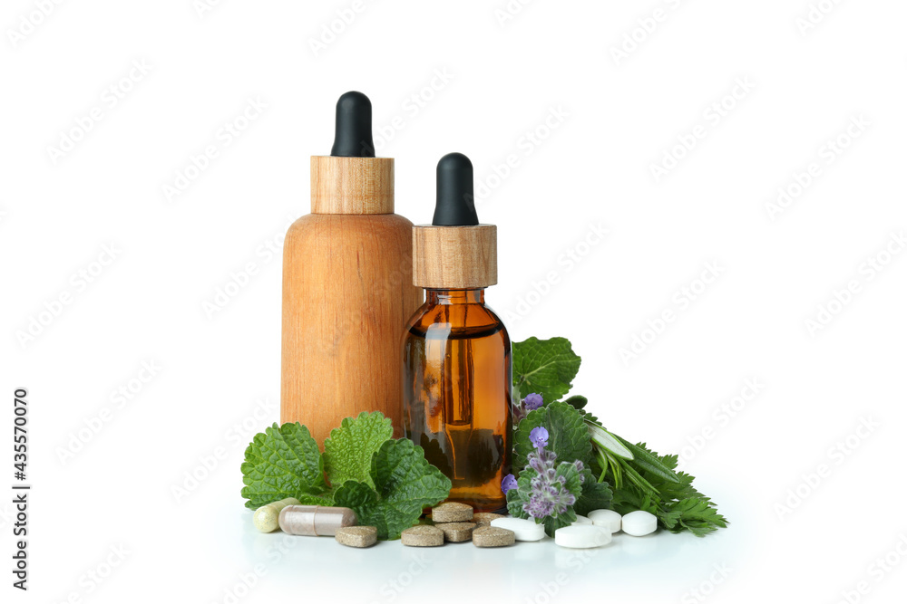 Naklejka premium Concept of herbal medicine pills isolated on white background