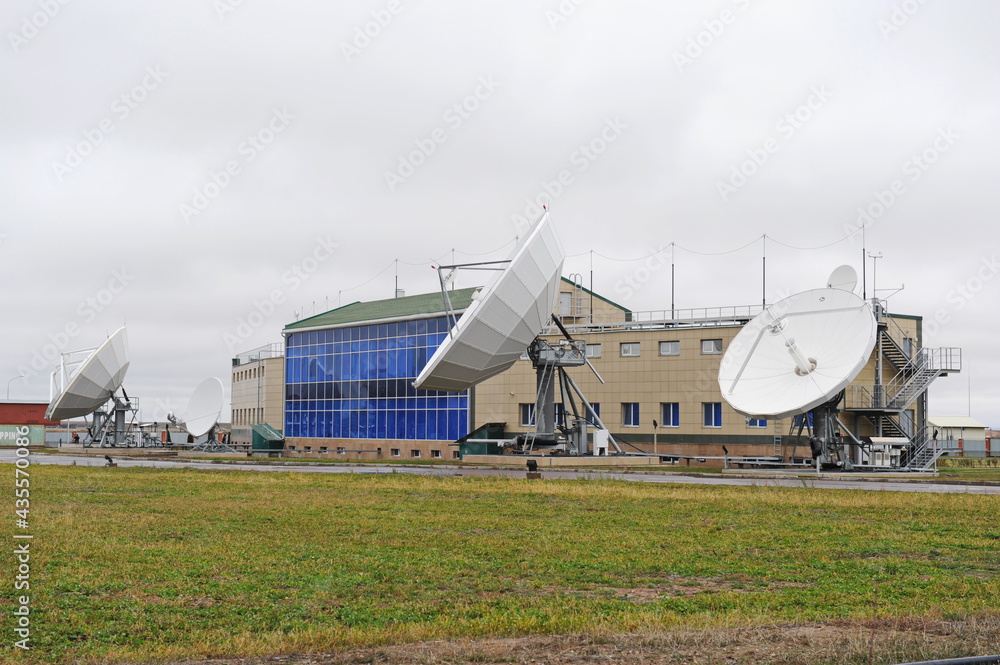 Almaty, Kazakhstan - 11.20.2015 : Parabolic industrial antennas and the territory of the KAZSAT satellite control center