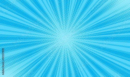 Pop art background. Halftone comic pattern. Cartoon starburst texture. Sunburst banner with beams and dots. Vintage duotone print. Blue superhero backdrop. Gradient wow design. Vector illustration.