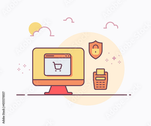 online shopping concept computer shield edc machine with soft color solid line style