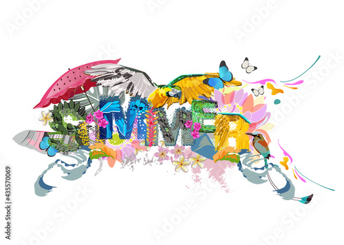 Lettering summer with jungle animal textures with birds, butterflies and tropical flowers and leaves. Hand drawn vector design illustration.