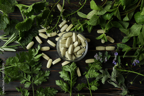 Concept of herbal medicine pills on wooden table, top view