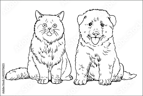Friends puppy and kitten. Cute dogs puppies. Coloring template. Vector illustration.