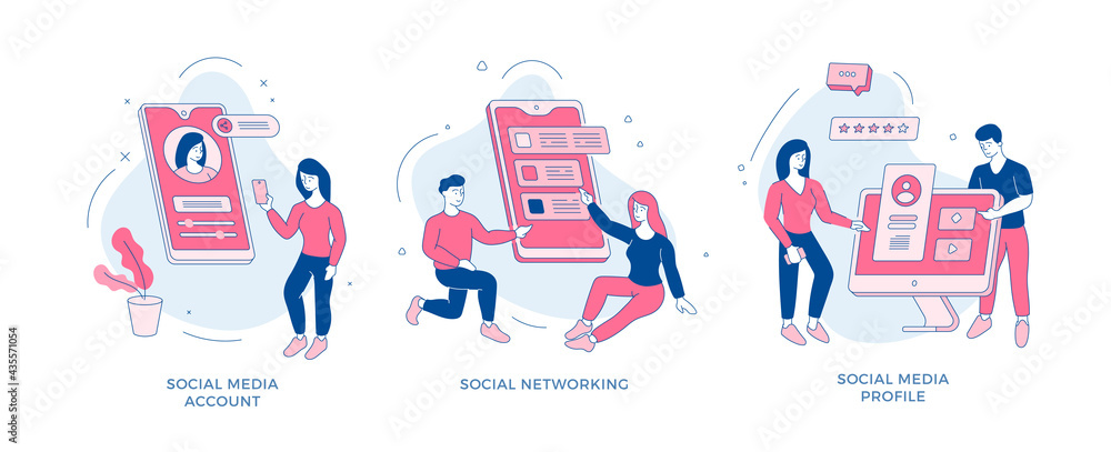 Fototapeta premium Creation profile and communication social networks set. People make online account with avatar and data. Friendly interaction web forums. Selection application and messenger. Vector flat line concept