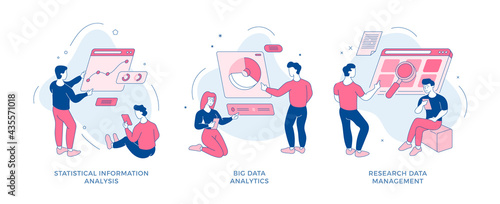 Statistical analysis web marketing data. Marketers collect online infographics websites. Optimizing business data with search charts. Financial management with development. Vector flat line concept