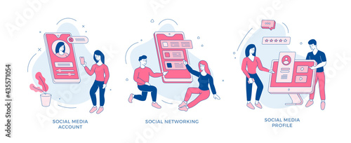 Creation profile and communication social networks set. People make online account with avatar and data. Friendly interaction web forums. Selection application and messenger. Vector flat line concept