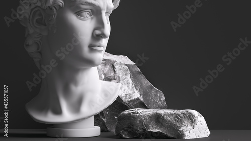 Bust of antique sculpture and stone shards of rock - abstract 3d rendering background for cosmetic products for men