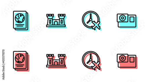 Set line Clock with airplane, Passport, Sand castle and Action camera icon. Vector