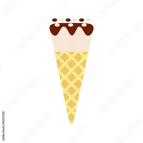 Flat vector illustration of waffle cone with vanilla ice cream or gelato with peanuts. Isolated on white background.
