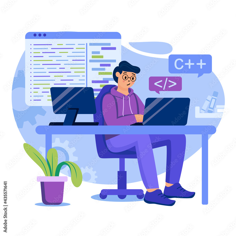 Programming software concept. Man developer is programming on laptop. Programmer coding code, working at app project. Template of people scenes. Vector illustration with characters in flat design