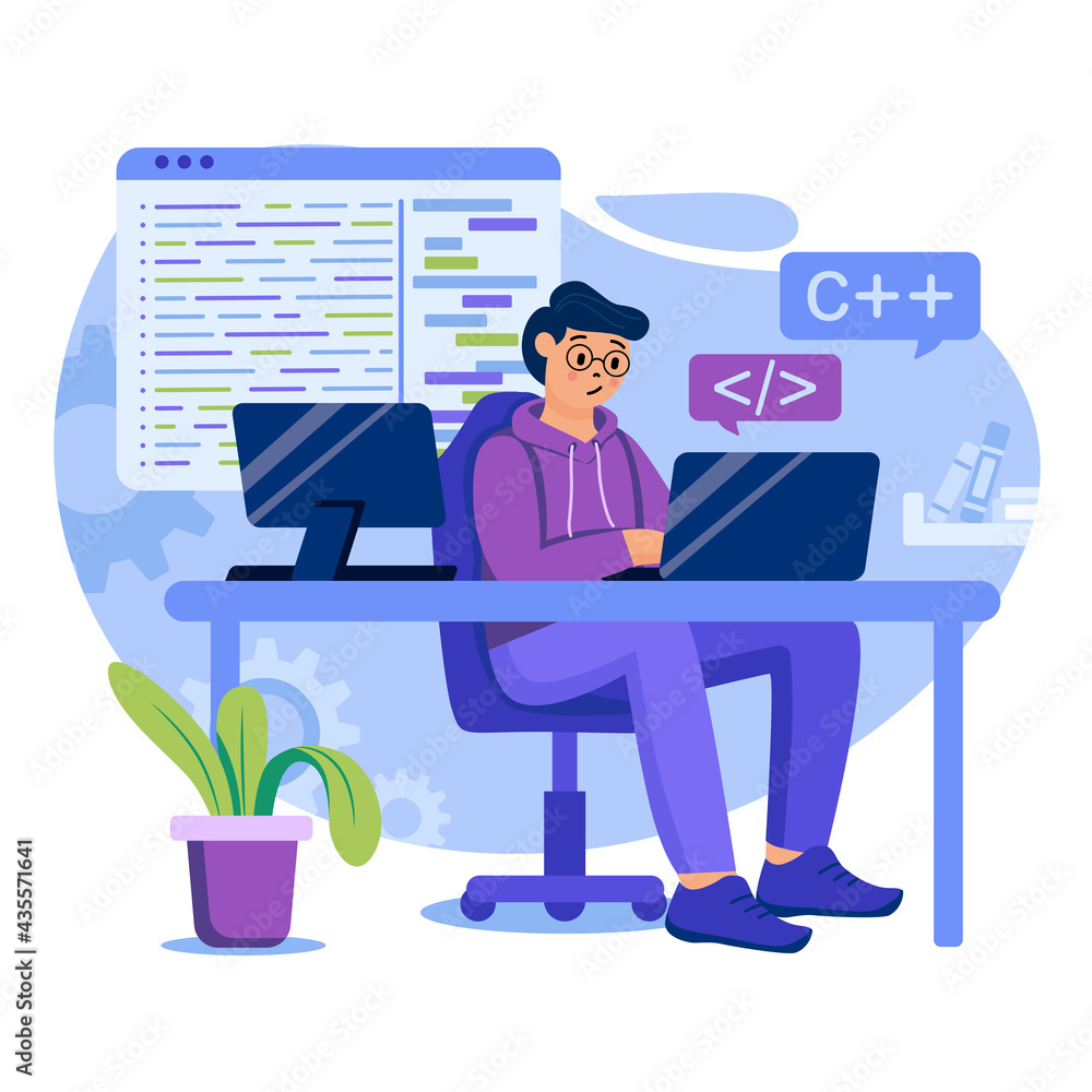 Programming software concept. Man developer is programming on laptop. Programmer coding code, working at app project. Template of people scenes. Vector illustration with characters in flat design Programming software concept. Man developer is programming on laptop. Programmer coding code, working at app project. Template of people scenes. Vector illustration with characters in flat design