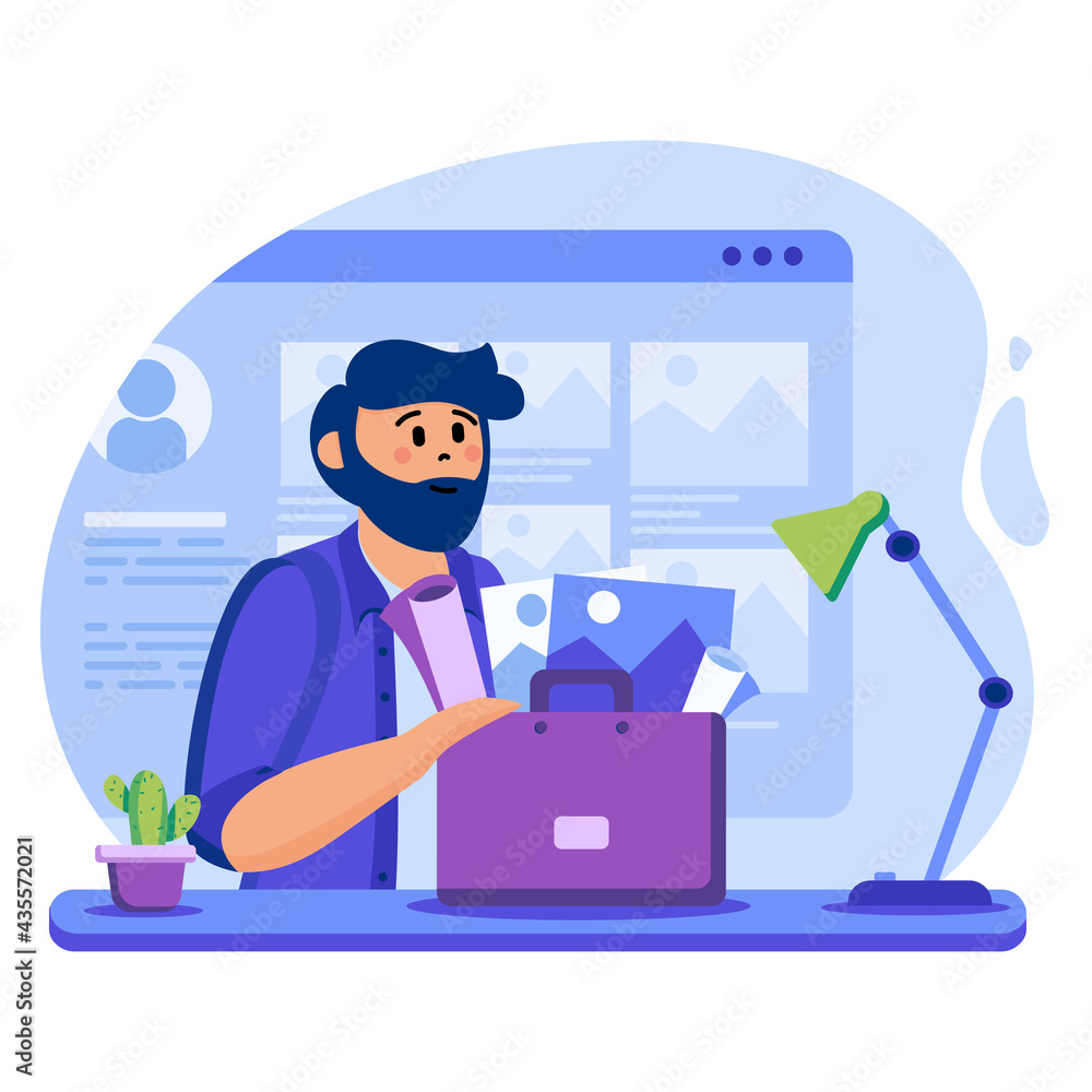 Portfolio concept. Designer holds briefcase with completed projects, readymade graphics, looking for job, sending resume. Template of people scenes. Vector illustration with characters in flat design