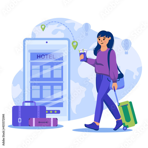 Travel agency concept. Woman with tickets and luggage went on trip, booked hotel. International flights, world tourism. Template of people scenes. Vector illustration with characters in flat design