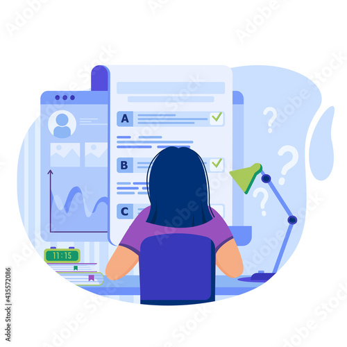 Online testing concept. Woman fills out online questionnaire form by ticking answers, takes exam on remote learning. Template of people scenes. Vector illustration with characters in flat design