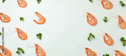 Fototapeta Naklejka Na Ścianę i Meble -  Tasty cooked shrimps on white background, space for text