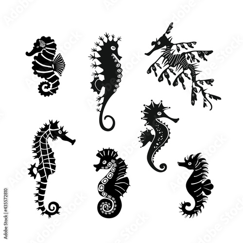 Set cute seahorses icons. Black seahorses with different silhouette on white background. For festive card, logo, children, pattern, tattoo, decorative, creative concept. Vector illustration