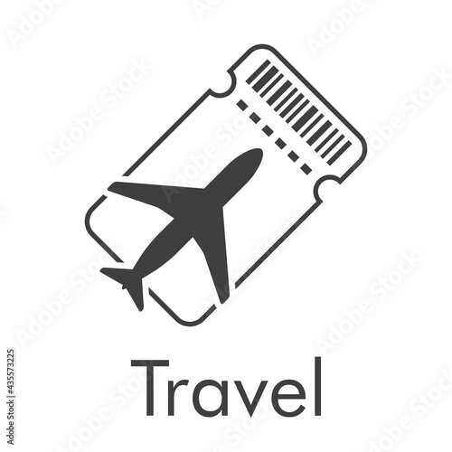 Logotipo con texto Travel y silueta de avión en tarjeta de embarque con lineas en color gris