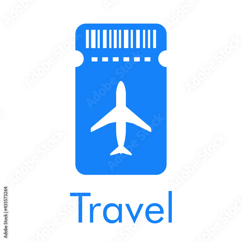 Logotipo con texto Travel y silueta de avión en tarjeta de embarque en color azul