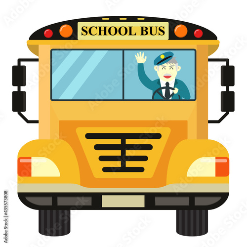 front view school bus cartoon isolated on white background with a smiling old man driver