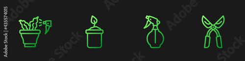 Set line Water spray bottle, Spraying plant, Sprout and Gardening handmade scissors. Gradient color icons. Vector