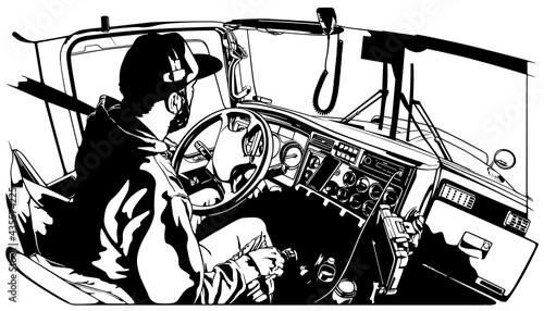 Professional Truck Driver Driving Truck Vehicle Going for a Long Transportation Route - Black and White Illustration, Vector
