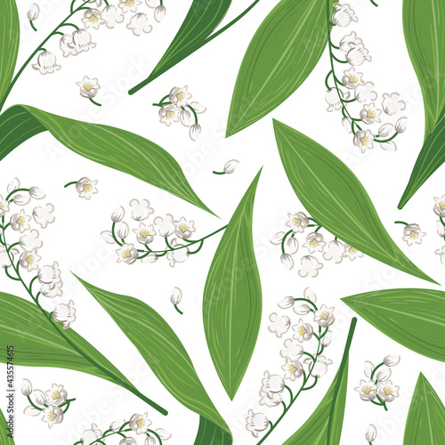 Seamless pattern of spring lily of the valley. Endless repeatable design background with plant blossoms white flowers. Vector illustration for wrapping.