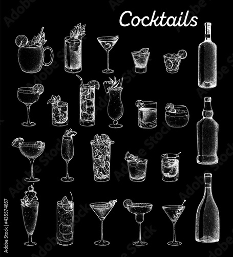 Alcoholic cocktails hand drawn vector illustration. Sketch set. Cognac, brandy, vodka, tequila, whiskey, champagne, wine, margarita cocktails. Bottle and glass.