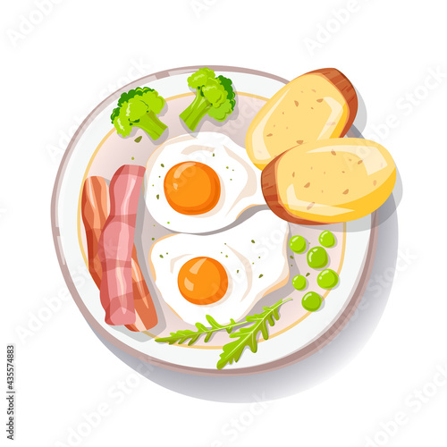 Top view of delicious healthy breakfast with bacon slices, fried eggs, broccoli, arugula and toasts plate for breakfast or lunch. British Traditional food. Colored flat vector illustration. Top view