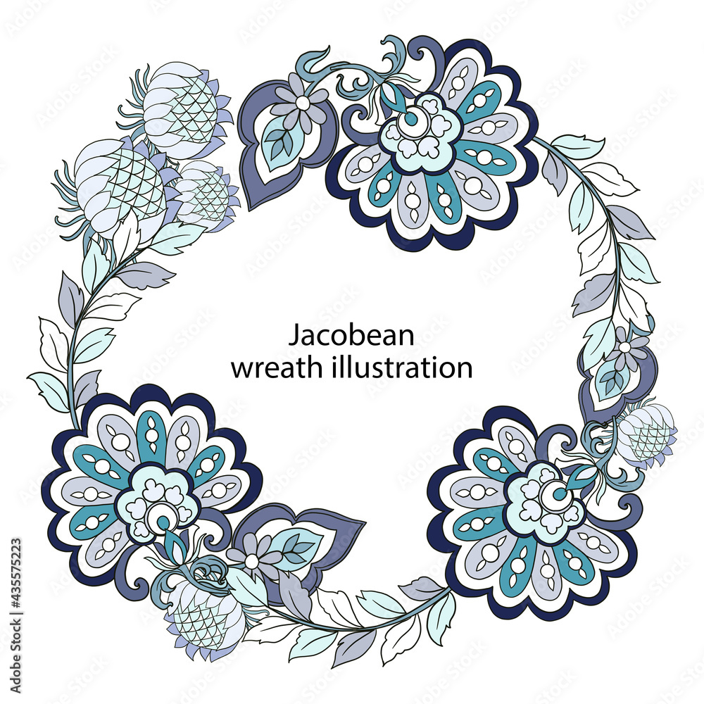 Illustration Digital bouquet wreath flower leaf jacobean rococo baroque navy blue botanical template greeting