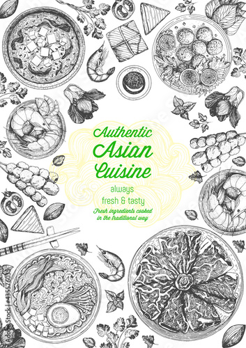 Asian cuisine top view frame. Food menu design with noodles,ramen, shrimps, fish balls and wagyu. Vintage hand drawn sketch vector illustration.