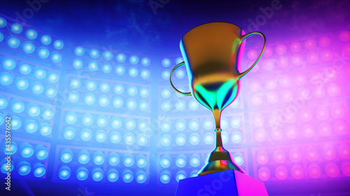 Gold trophy for winner online E-sport gaming with background futuristic blue and violet color spotlight in the stadium , 3d rendering picture. 