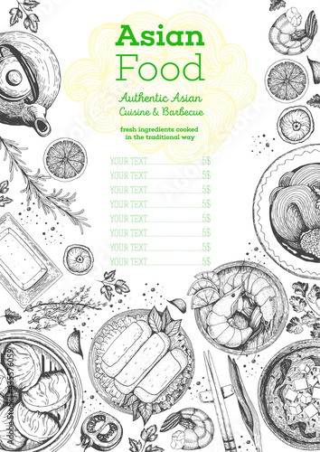 Asian cuisine top view frame. Food menu design with noodles, soup miso, dumplings shrimps and rolls. Vintage hand drawn sketch vector illustration.