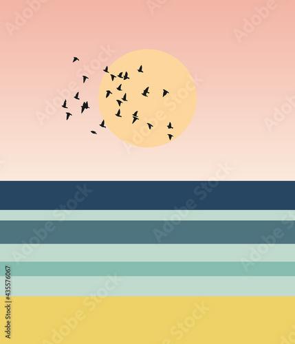 Canvas Print Abstract geometric illustration with sunset at the sea with a flock of birds dec