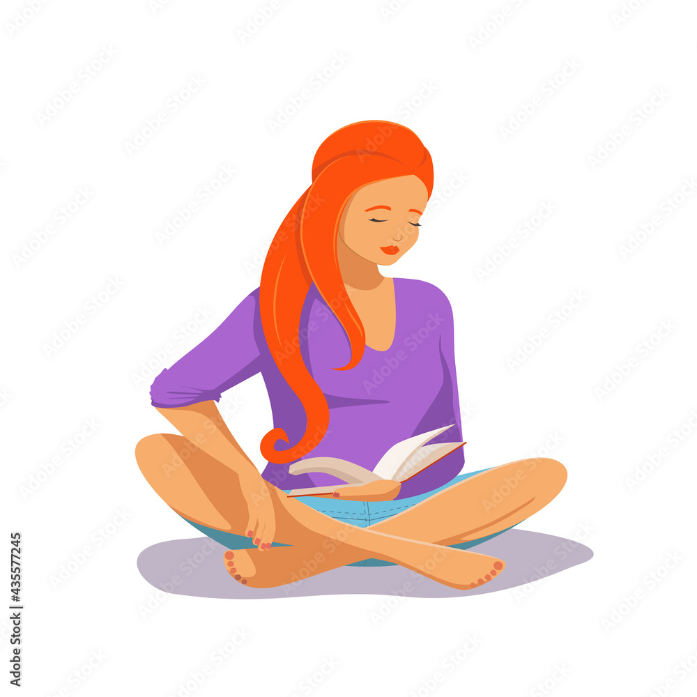 A young female with red curvy hair sits in a lotus pose and reads a book attentively. Cute young girl is reading a paper book. Vector flat design illustration isolated on transparent background. A young female with red curvy hair sits in a lotus pose and reads a book attentively. Cute young girl is reading a paper book. Vector flat design illustration isolated on transparent background.