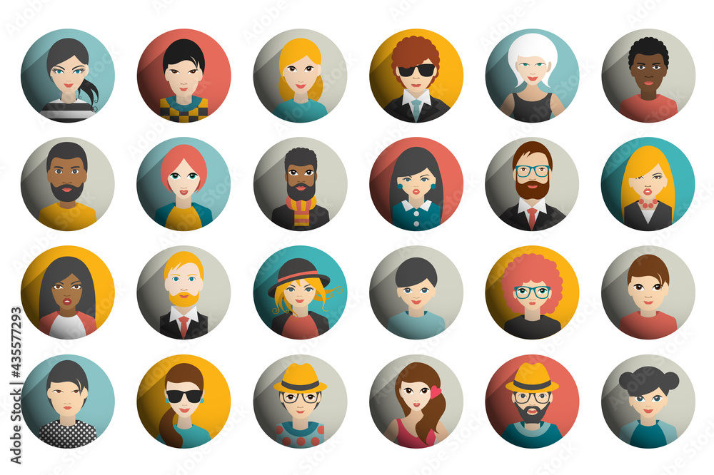 Set of circle persons, avatars, people heads different nationality in flat style. Vector. Set of circle persons, avatars, people heads different nationality in flat style. Vector.