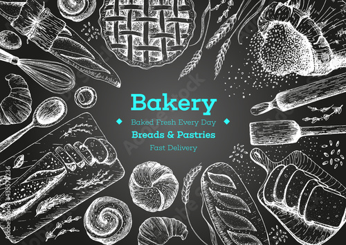 Bakery top view frame. Background template for design. Engraved food image.