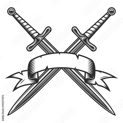 Crossed sharp swords concept with ribbon in vintage style isolated vector illustration